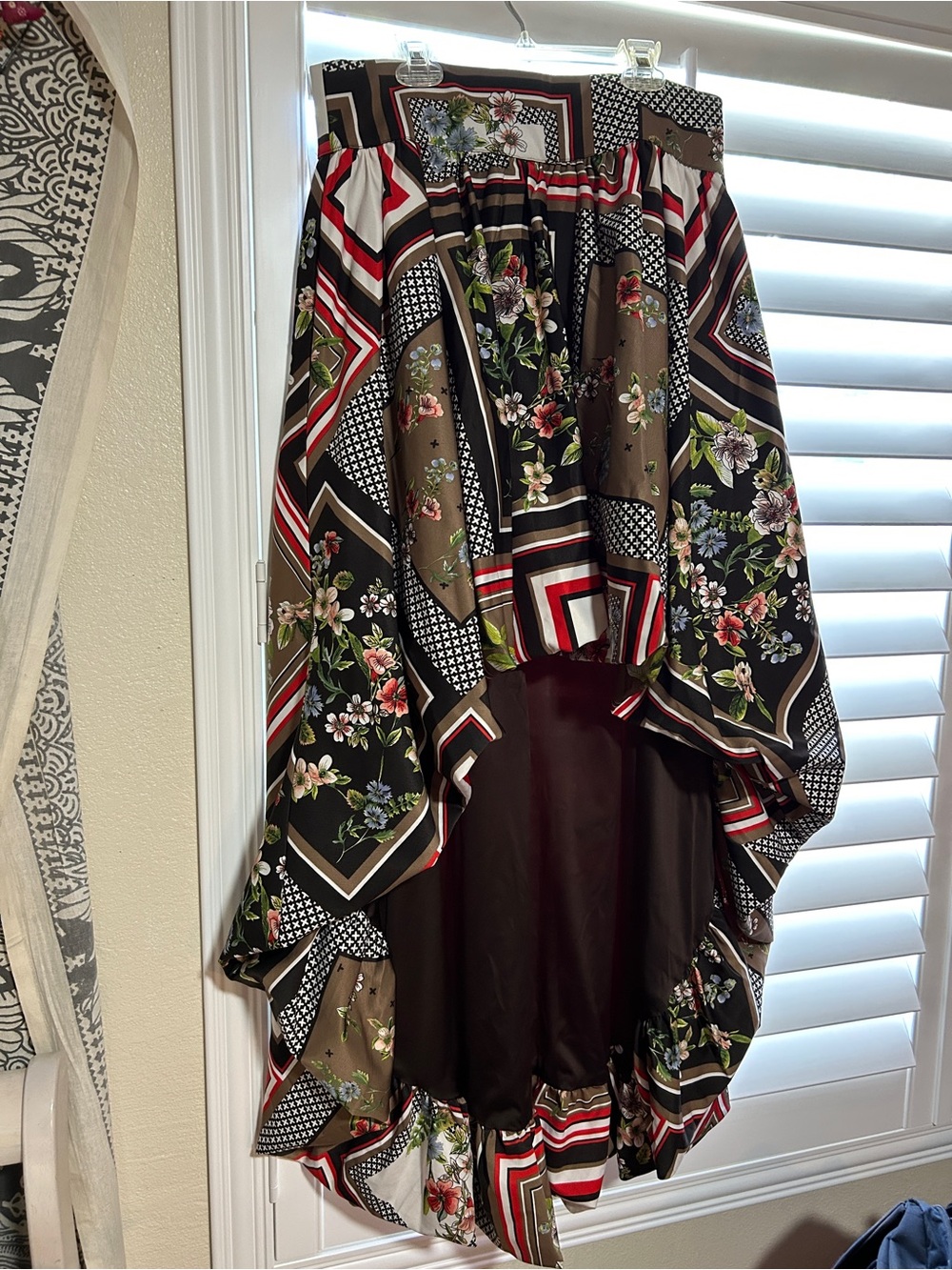 New York & Company Black, Olive and Red Floral Scarf-Print High-Low Maxi Skirt